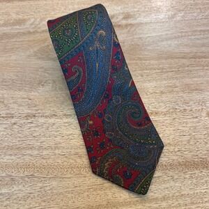 Burberrys Vintage Mens Silk Paisley Tie Red Green Navy Blue Made in England
